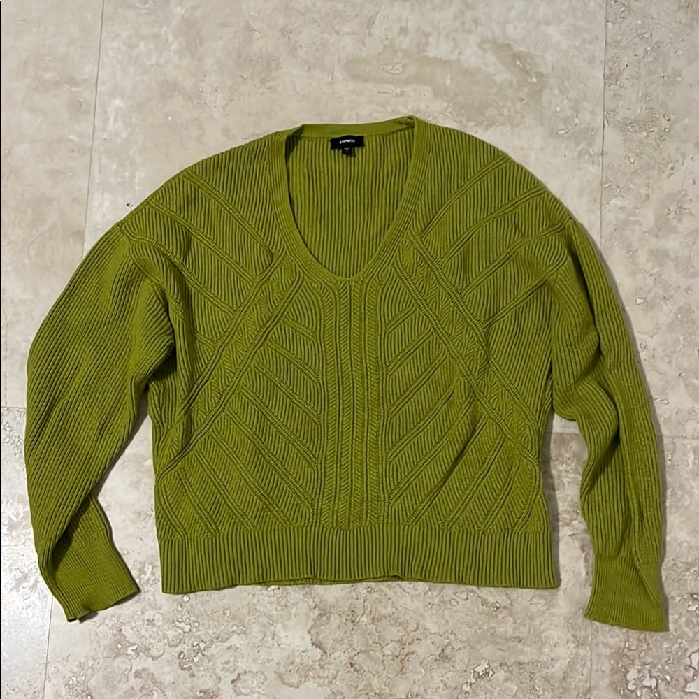 Express Lime Green V-Neck Knit Sweater with Relaxed Fit